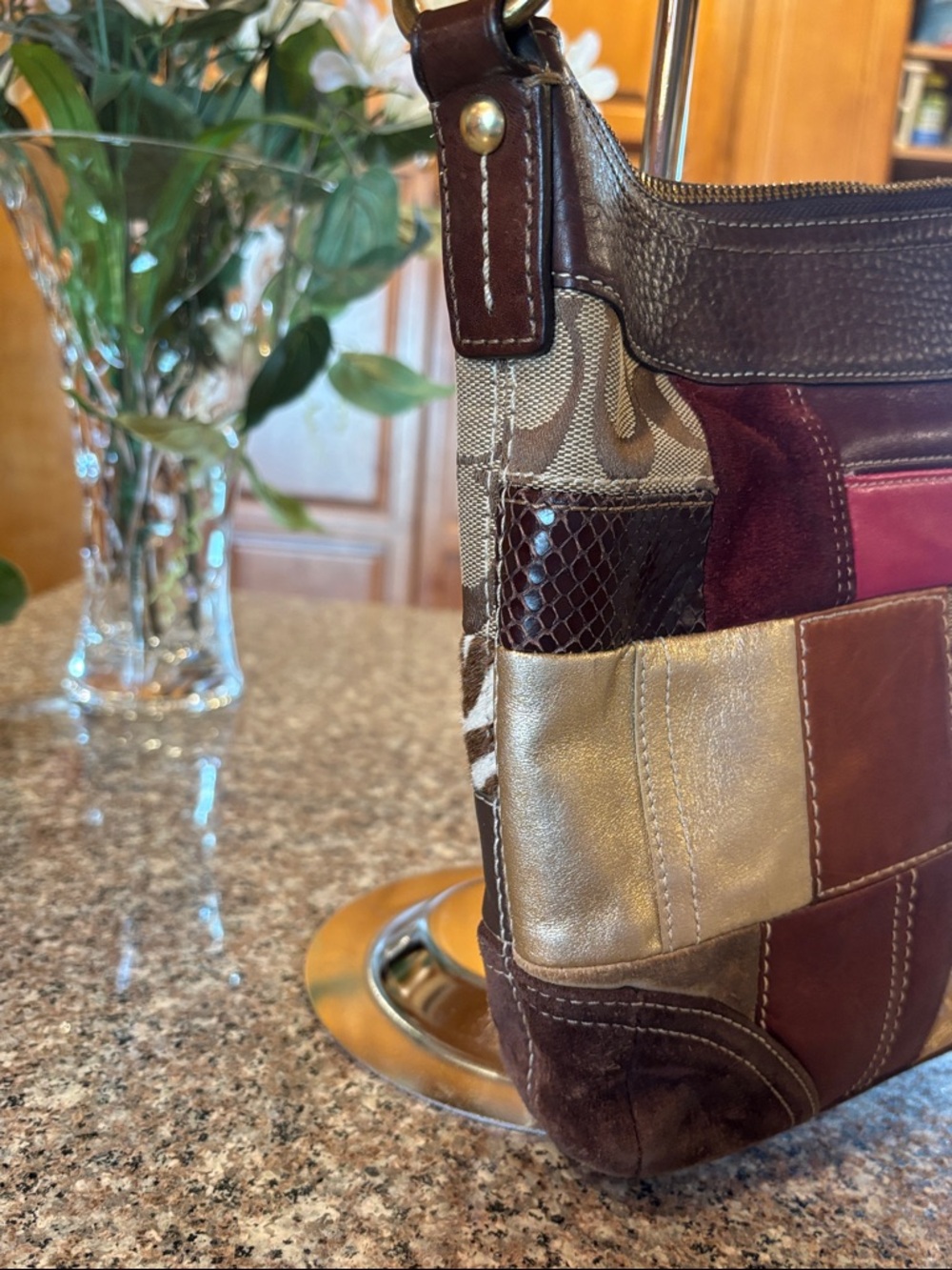 Coach Patchwork Shoulder or Crossbody Bag - Suede Brown, Tan, Metallic, Pink - Picture 6 of 16